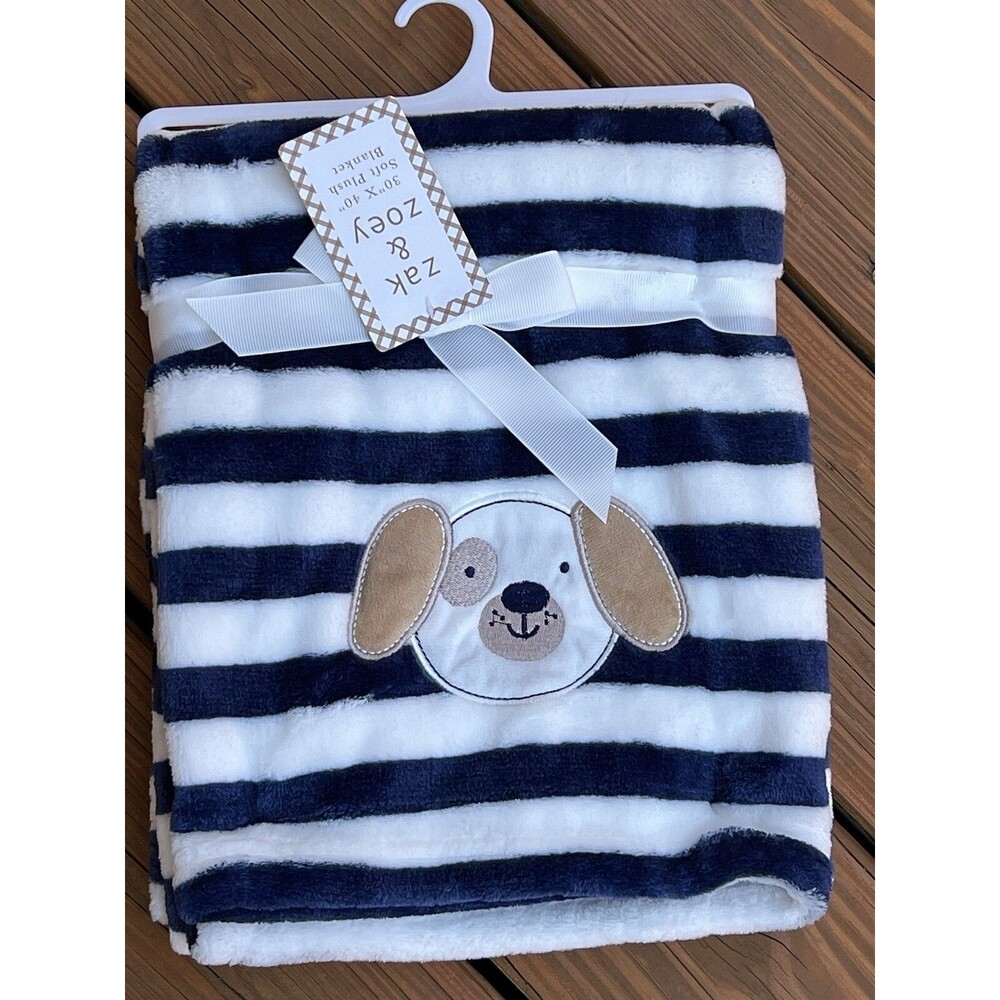 Zak & Zoey Baby Blanket Puppy Dog Face Blue White Stripes Fleece Lightweight New